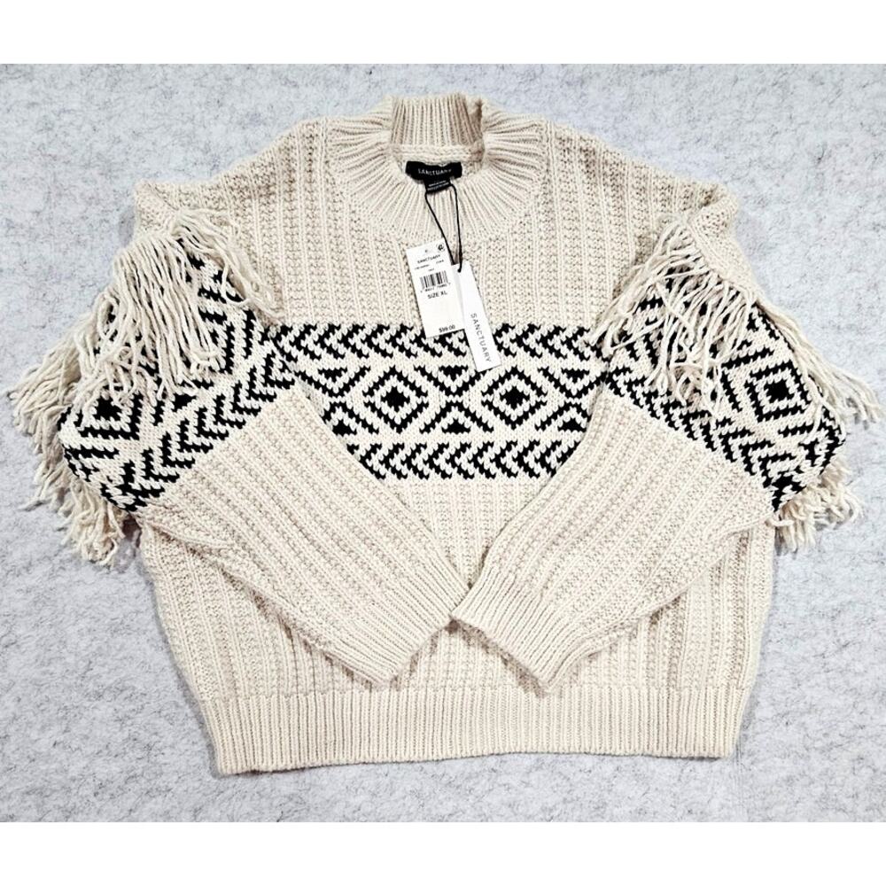 Sanctuary Artisan Fringe Ribbed Sweater, Aztec, Western, Womens Sz XL New W Tags